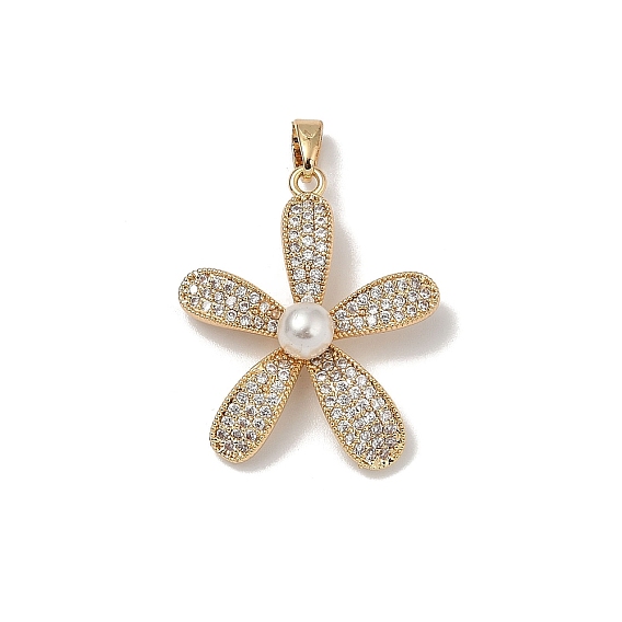 Латунные микропаве прозрачные подвески с фианитом, цветок, с пластиковой имитационной жемчужиной, золотые