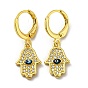 Real 18K Gold Plated Brass Dangle Leverback Earrings, with Enamel and Cubic Zirconia, Hamsa Hand with Evil Eye