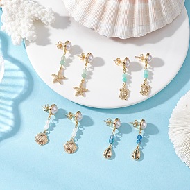 Плоские круглые серьги-гвоздики с подвесками из латуни с драгоценными камнями, Тема океана, золотые