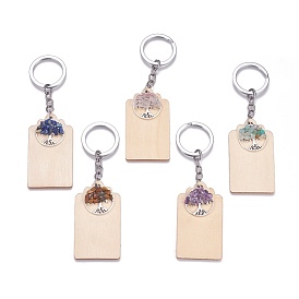 Wood Keychain, with Natural Mixed Gemstone Chip Beads, Brass Jump Rings and Alloy Pendants, Rectangle and Flat Round with Tree of Life