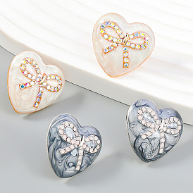Fashionable Minimalist Alloy Oil Drop Inlaid Diamond Bow Heart-shaped Earrings - Vintage, European and American, Studs.