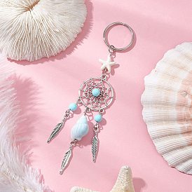 Alloy Porcelain Conch Shape Keychains, with Synthetic Turquoise Dyed Beads & Natural Howlite Beads