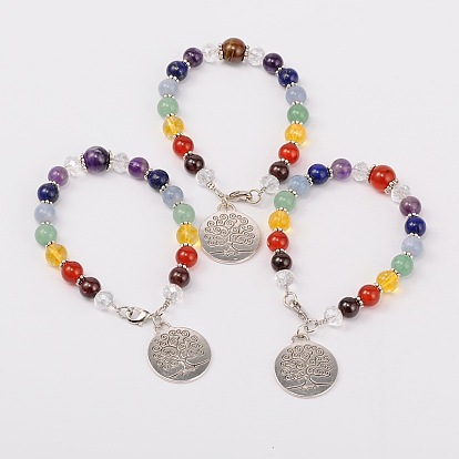 Multi-Color Gemstone Chakra Charm Bracelets, with Tibetan Style Tree of Life Pendant, Glass Beads, Tibetan Style Spacers and Brass Lobster Claw Clasps, Antique Silver, 195mm