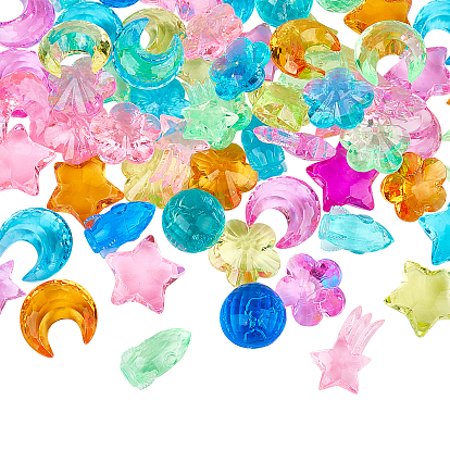 46Pcs 6 Style Transparent Acrylic Beads, Star & Moon & Flower & Round & Meteor & Rocket