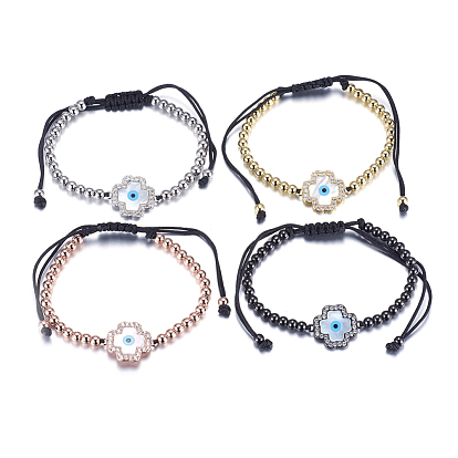 Adjustable Brass Braided Beaded Bracelets, with Nylon Cord, Shell and Micro Pave Cubic Zirconia Links, Lead Free & Cadmium Free, Cross
