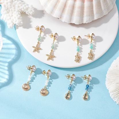 Плоские круглые серьги-гвоздики с подвесками из латуни с драгоценными камнями, Тема океана, золотые