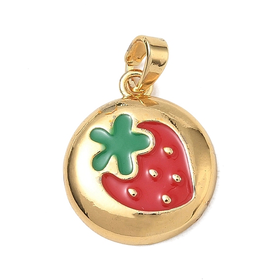 Laiton émail pendentifs, rond plat avec des breloques fraise, or