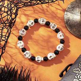 Синтетический бирюзовые бисером браслеты простирания, череп, с расписными стеклянными бусинами