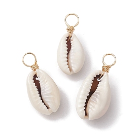 Natural Cowrie Shell Pendants, Shell Shape Charms with Copper Wire Loops