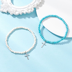 2шт. 201 браслеты с подвесками из нержавеющей стали, синтетические бирюзовые круглые браслеты из эластичной ткани для женщин и мужчин, крестик
