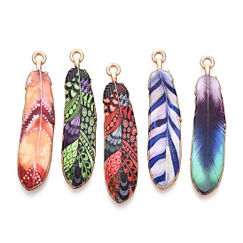 Rack Plating Alloy Pendants, Printed, Lead Free & Cadmium Free & Nickel Free, Feather Charm, Light Gold