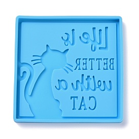 DIY Pendant Silhouette Silicone Molds, Resin Casting Molds, For UV Resin, Epoxy Resin Jewelry Making, Square with Cat Pattern & Word