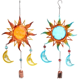 Glass & Iron Pendant Decorations, Wind Chimes, for Home Decoration, Sun & Moon