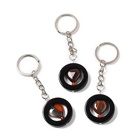 Natural Agate Pendant Keychain, with Iron Key Ring, Flat Round with Heart