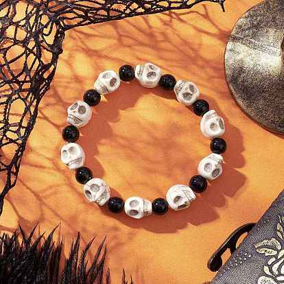 Синтетический бирюзовые бисером браслеты простирания, череп, с расписными стеклянными бусинами