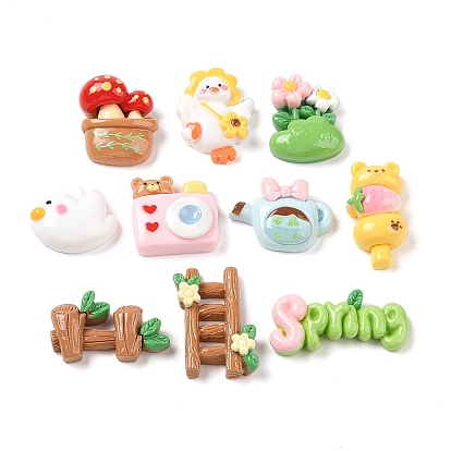 Spring Theme Opaque Resin Decoden Cabochons, Flower & Fence & Mushroom, Mixed Shapes