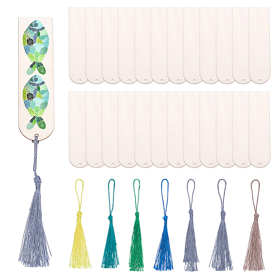 36Pcs Poplar Wood Blank Rectangle Bookmarks, with 36Pcs Polyester Tassel