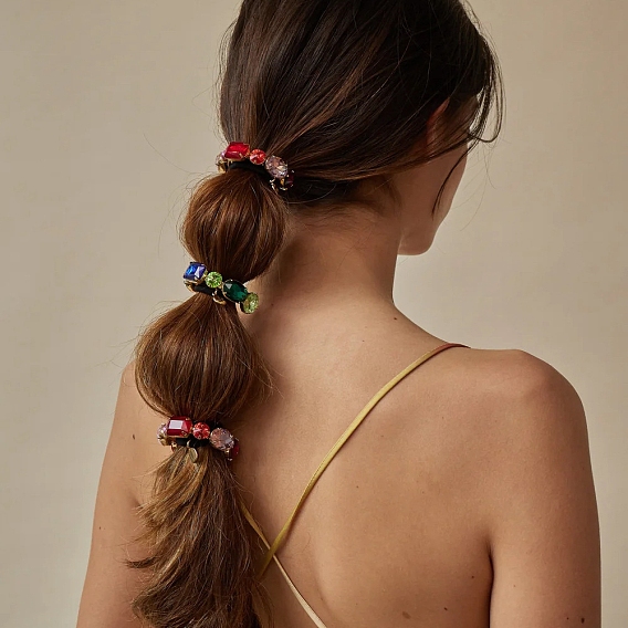 Латунные аксессуары для волос с цветными стразами, прямоугольник и плоский круглый, для девочек или женщин, резинка для волос / резинки для волос