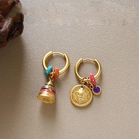 Brass Enamel Bell & Flat Round Hoop Dangle Earrings, Golden