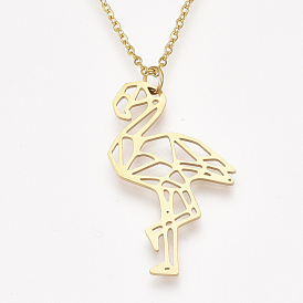 201 Stainless Steel Pendant Necklaces, with Cable Chains, Flamingo Shape