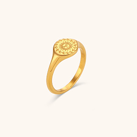 Vintage Goddess Carved Ring with 18K Gold Plated Moon and Star Design - Stainless Steel Fashion Accessory