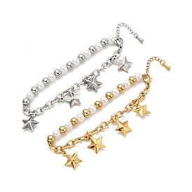 201 Stainless Steel Star Charm Bracelet, Plastic Pearl Beaded Bracelet with 304 Stainless Steel Cable Chains for Women