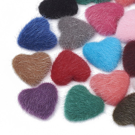 Faux Mink Fur Covered Cabochons, with Aluminum Bottom, Heart