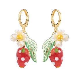 Lampwork Strawberry with Plastic Pearl Flower Dangle Leverback Earring, Gold Plated Brass Drop Earrrings for Women