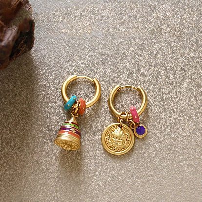 Brass Enamel Bell & Flat Round Hoop Dangle Earrings, Golden