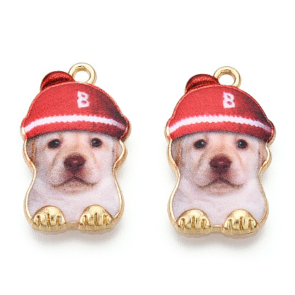 Printed Light Gold Tone Alloy Pendants,Carton Dog & Cat with Cap Charms
