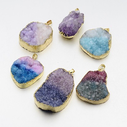 Natural Agate Crystal Electroplate Nuggets Pendants, Druzy Trimmed Stone, with Brass Findings, 38~54x24~36x8~18mm, Hole: 5x8mm