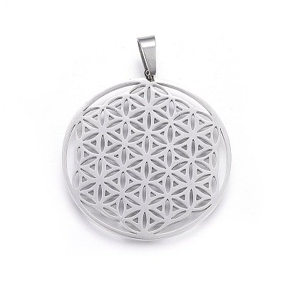 304 Stainless Steel Pendants, Spiritual Charms, Flat Round with Flower of Life/Sacred Geometry
