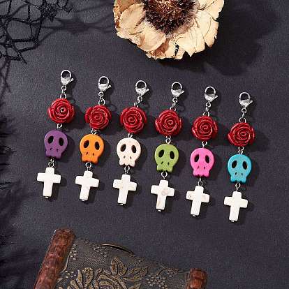 Подвесные украшения из синтетической бирюзы и коралловых бусин на тему Хэллоуина, с 304 из нержавеющей стали Lobster Claw застежками, череп, крест и роза
