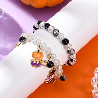 2шт. браслеты из круглых стеклянных бусин с потрескавшейся краской, растянутые, Браслеты с подвесками из сплава и эмали на Хэллоуин для женщин