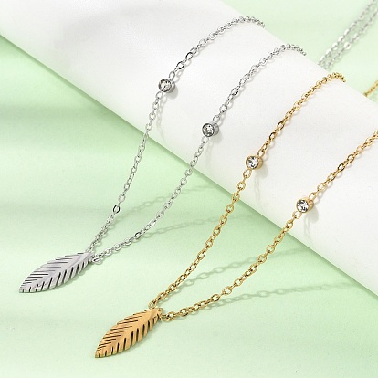 304 Stainless Steel Leaf Pendant Necklaces with Crystal Rhinestone