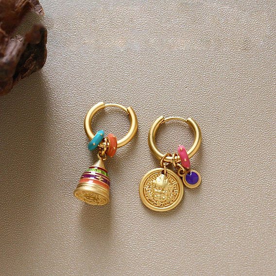 Brass Enamel Bell & Flat Round Hoop Dangle Earrings, Golden