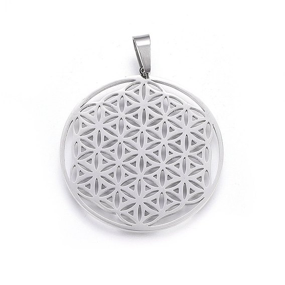 304 Stainless Steel Pendants, Spiritual Charms, Flat Round with Flower of Life/Sacred Geometric