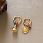 Brass Enamel Bell & Flat Round Hoop Dangle Earrings, Golden