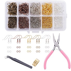 SUNNYCLUE DIY Earring Findings, with Brass Earring Hooks & Assistant Tool, Iron Jump Rings, Stainless Steel Tweezers, Carbon Steel Needle Nose Pliers