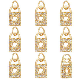 10 шт. Латунные брелоки из прозрачного кубического циркония с микропаве, с прыжковых колец, долговечный, замок с подвеской в виде сердца