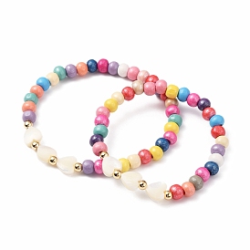 Mother's Day Jewelry, Mother and Daughter Stretch Bracelets Sets, with Natural Trochid Shell/Trochus Shell Heart Beads, Round Wood Beads and Real 18K Gold Plated Brass Beads