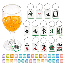 Наборы для изготовления шармов для бокалов своими руками, в том числе 15 шт. 15 стилей подвесок в виде маджонга из смолы и 30 шт. кубических бусин и 15 шт. сережек-колец из латуни платинового цвета