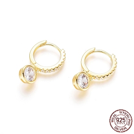 925 Sterling Silver Hoop Earrings, with Cubic Zirconia, Flat Round, Clear