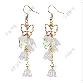 304 pendientes colgantes de acero inoxidable, Con dijes de acrílico, aleación y esmalte., mariposa con flor, dorado