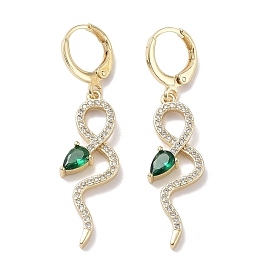 Real 18K Gold Plated Brass Dangle Leverback Earrings, with Cubic Zirconia and Glass, Snake