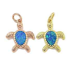 Synthetic Opal Pendants, Rack Plating Brass Turtle Charms with Jump Rings, Cadmium Free & Lead Free, Long-Lasting Plated