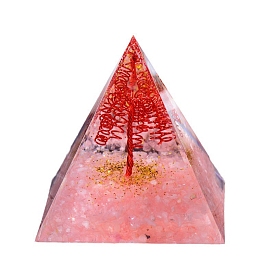 Orgonite Pyramid Resin Display Decorations, with Natural Rose Quarz Chips, Golden Foil and Copper Wires Inside, for Home Office Desk Decoration