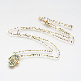 Ожерелье с кулоном из кубического циркония, с латунным кабельных цепей, hamsa рука / рука fatima / рука miriam