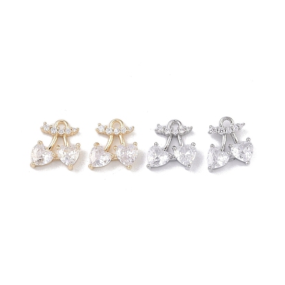 Brass Micro Pave Clear Cubic Zirconia Pendants, Cadmium Free & Nickel Free & Lead Free, Cherry Charms