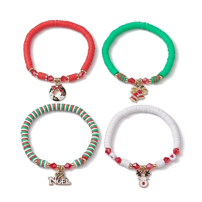 4Pcs 4 Styles Handmade Polymer Clay Beaded Stretch Bracelets, Christmas Bell & Deer Alloy Enamel Charm Stackable Bracelets for Women